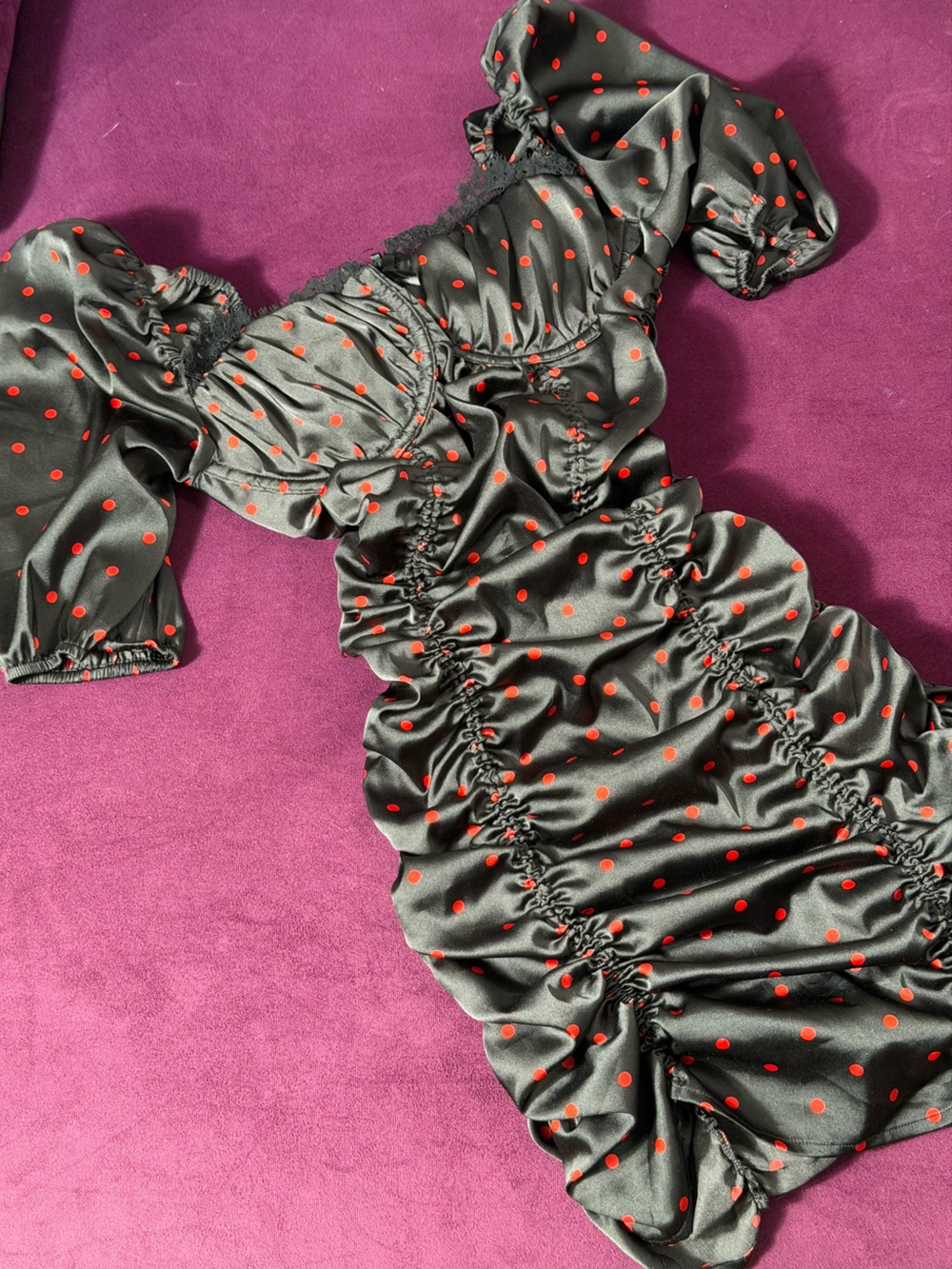 For Love & Lemons Black Satin Polka Dot Chemise with Red Dots